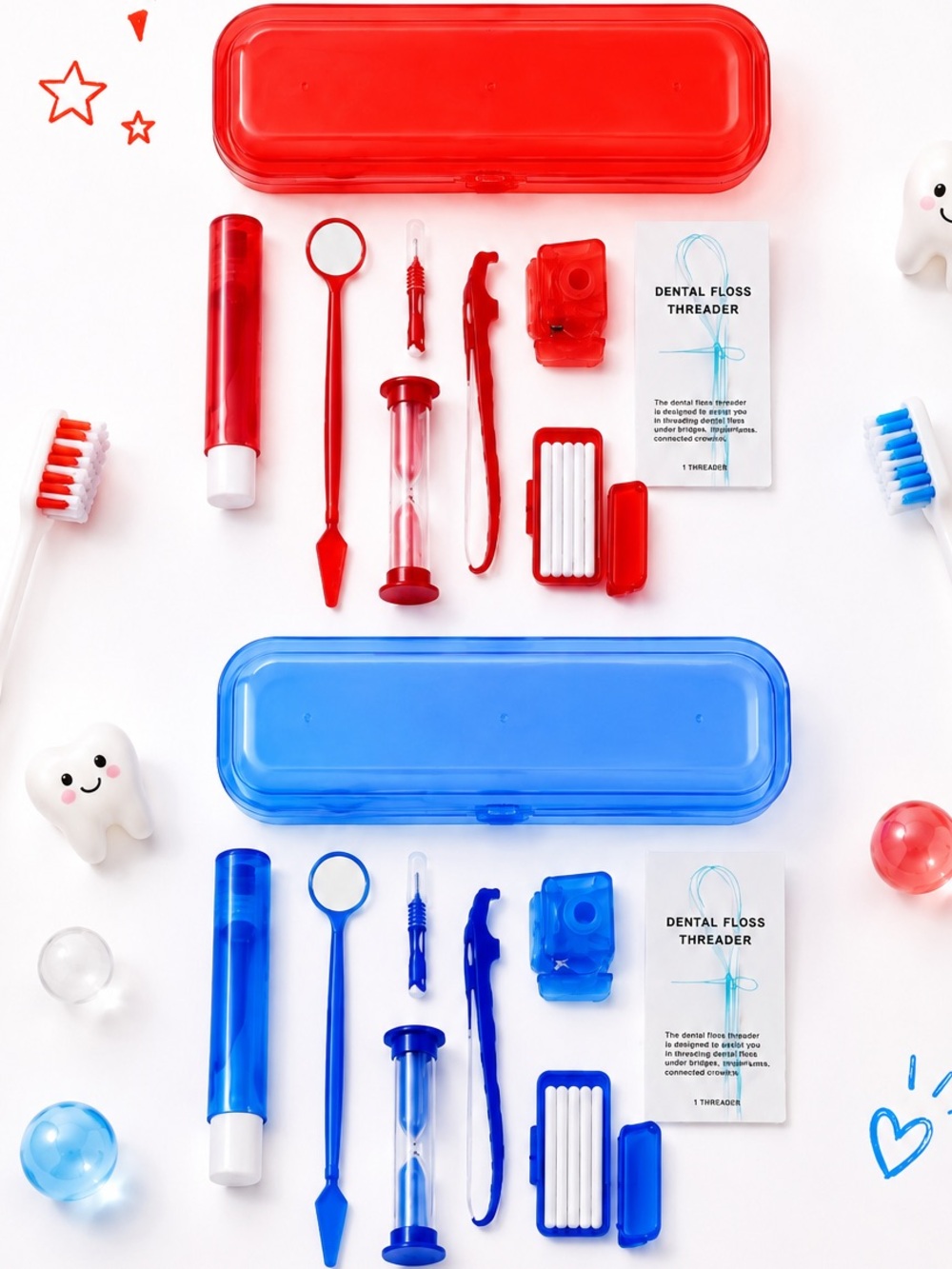 NEW - Set of 2 Portable Dental Care Travel Kits Blue & Red Floss Toothbrush